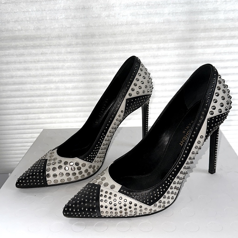 YSL Studded Black and White 4.25” Heels